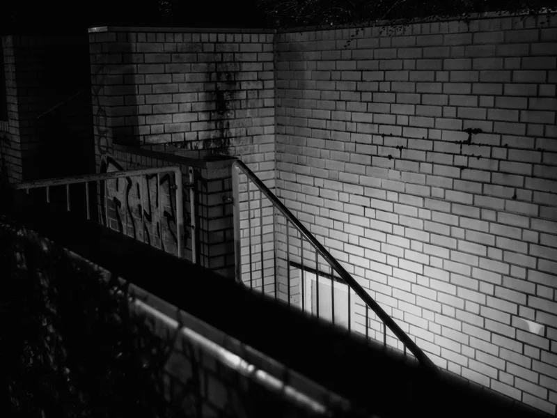 Black and white photo of a dimly lit brick staircase with graffiti.
