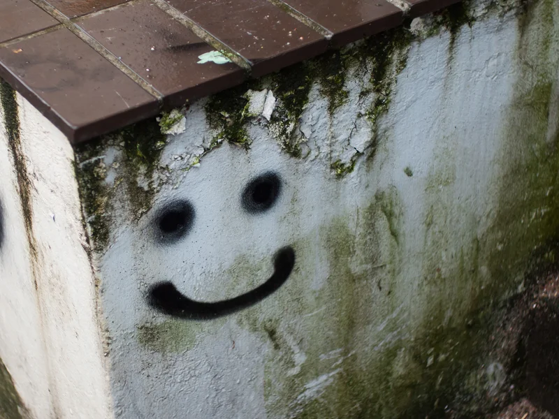 A concrete block with a smiley face graffiti on one side.