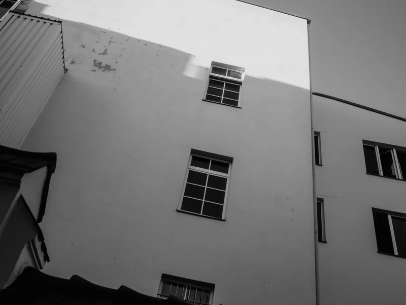 Black and white photo of a building facade with windows and shadows under a clear sky.