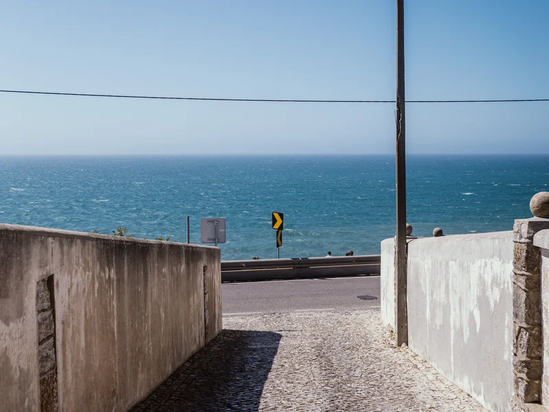 A pathway leads to a coastal road with an ocean view under a clear blue sky.