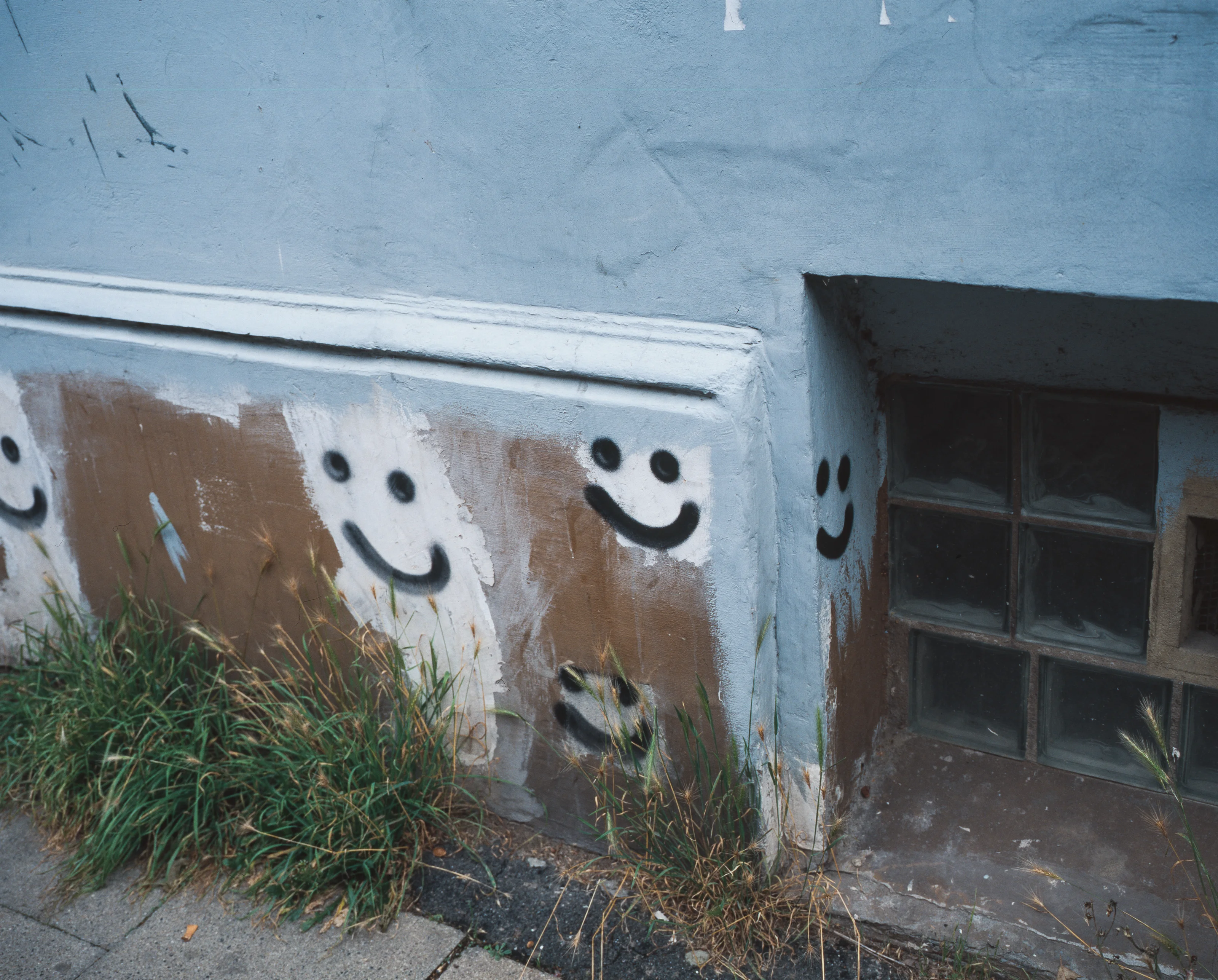 Graffiti of smiling faces on a wall with glass blocks and grass below.